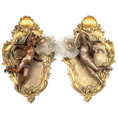 Lot 512 - A PAIR OF 19TH CENTURY GILT-BRONZE PUTTI WALL LIGHTS, IN THE MANNER OF FRANCOIS LINKE (1855-1946)