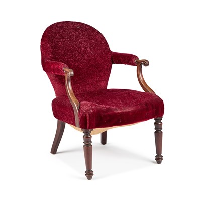 Lot 970 - A WILLIAM IV MAHOGANY AND UPHOLSTERED SPOON-BACK ARMCHAIR