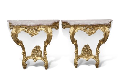 Lot 677 - A PAIR OF LOUIS XV STYLE MARBLE-TOPPED GILTWOOD CONSOLE TABLES, 19TH CENTURY