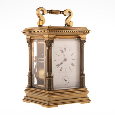 Lot 635 - A FRENCH BRASS-CASED REPEATING CARRIAGE CLOCK, BY A. DUMAS