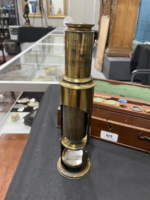 Lot 617 - A VICTORIAN MAHOGANY-CASED BRASS FIELD MICROSCOPE