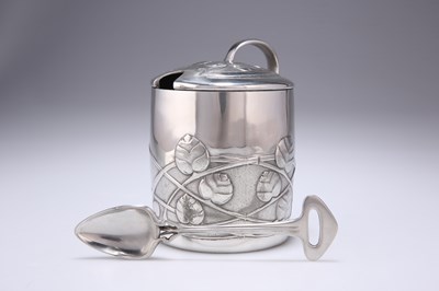 Lot 466 - ARCHIBALD KNOX (1864-1933) FOR LIBERTY & CO, A TUDRIC PEWTER PRESERVE POT AND SPOON