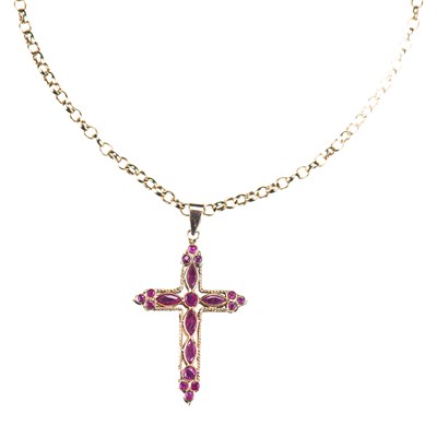 Lot 511 - A 9 CARAT YELLOW GOLD RUBY AND SAPPHIRE DOUBLE-SIDED CROSS PENDANT