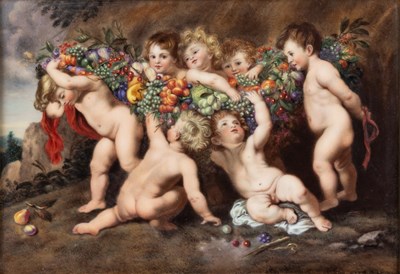 Lot 33 - A BERLIN PORCELAIN RECTANGULAR PLAQUE, 'THE GARLAND OF FRUIT', LATE 19TH CENTURY