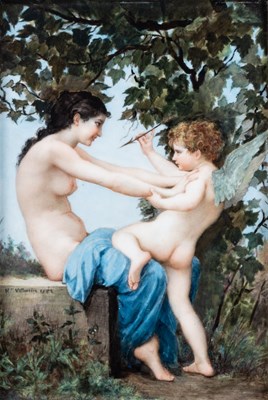 Lot 41 - A RECTANGULAR PORCELAIN PLAQUE, 'A YOUNG GIRL DEFENDING HERSELF AGAINST LOVE', LATE 19TH CENTURY