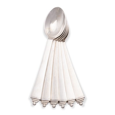 Lot 240 - GEORG JENSEN: A SET OF SIX DANISH STERLING SILVER SPOONS