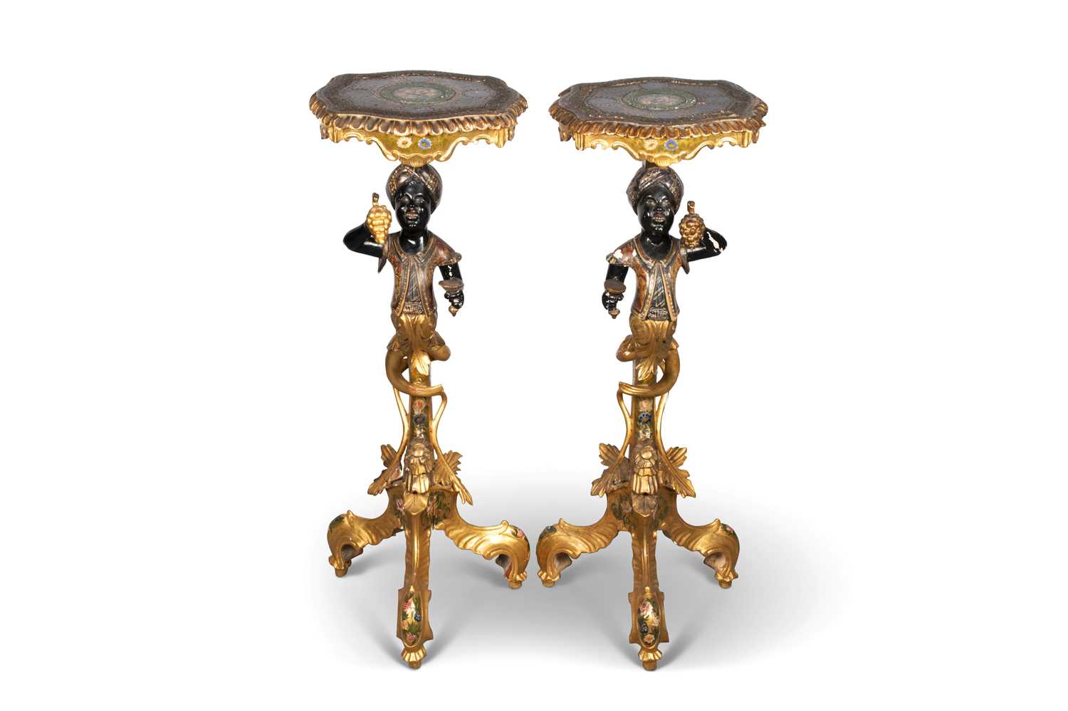 Lot 709 - A PAIR OF VENETIAN POLYCHROME AND GILDED, CARVED BLACKAMOOR GUERIDONS, 19TH CENTURY