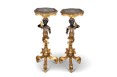 Lot 709 - A PAIR OF VENETIAN POLYCHROME AND GILDED, CARVED BLACKAMOOR GUERIDONS, 19TH CENTURY