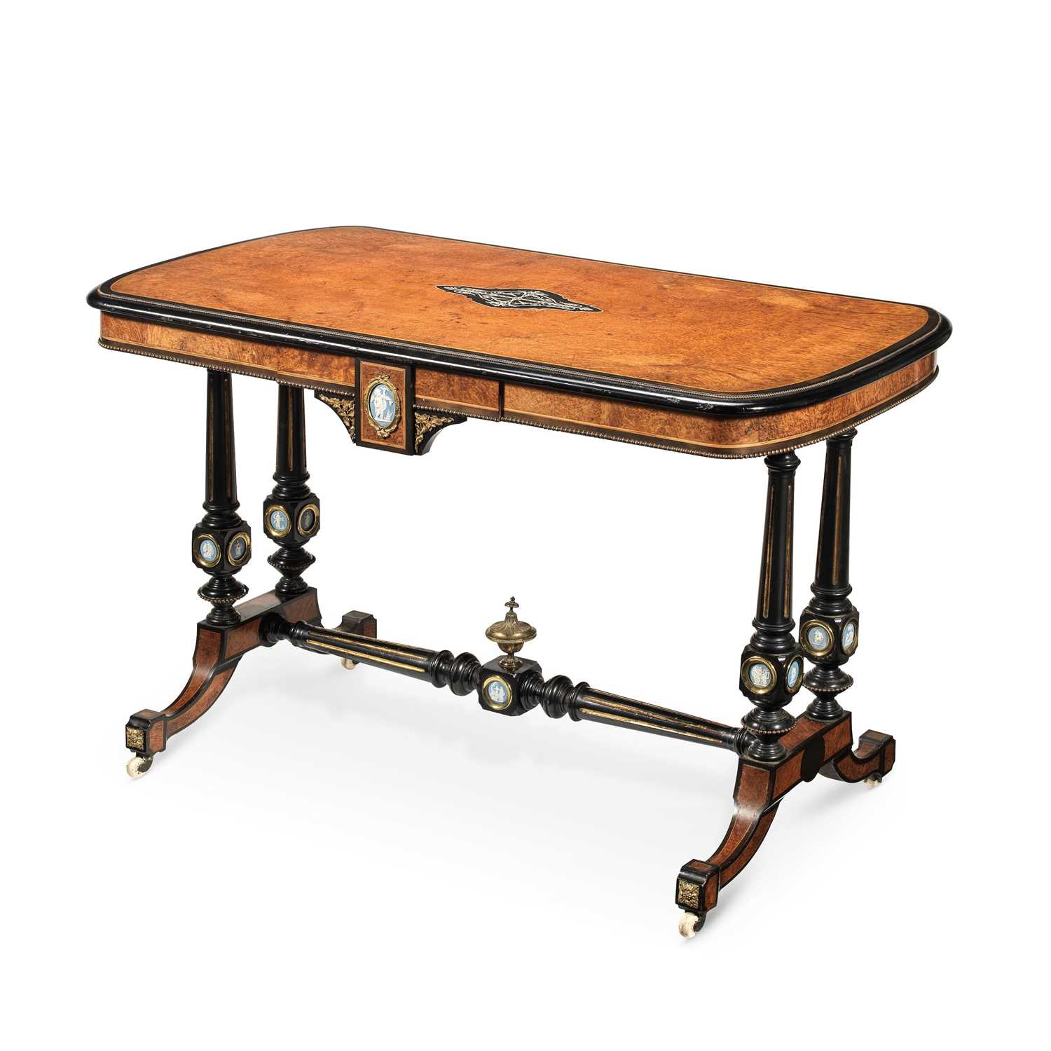 Lot 687 - A VICTORIAN JASPERWARE INSET, ORMOLU-MOUNTED AND IVORY-INLAID AMBOYNA AND EBONISED WRITING TABLE