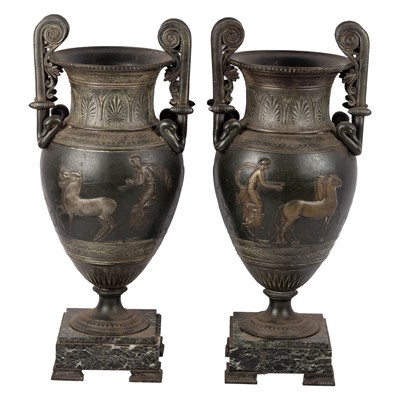 Lot 605 - A PAIR OF NEAPOLITAN BRONZE PATINATED SPELTER VASES, CIRCA 1900