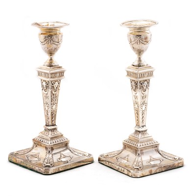 Lot 302 - A PAIR OF ADAM REVIVAL SILVER CANDLESTICKS