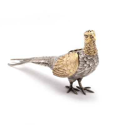 Lot 250 - A GERMAN SILVER AND SILVER-GILT PEPPERETTE, IN THE FORM OF A PHEASANT