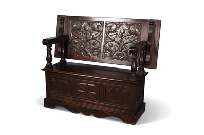 Lot 714 - A CARVED OAK MONKS BENCH, LATE 19TH/ EARLY 20TH CENTURY