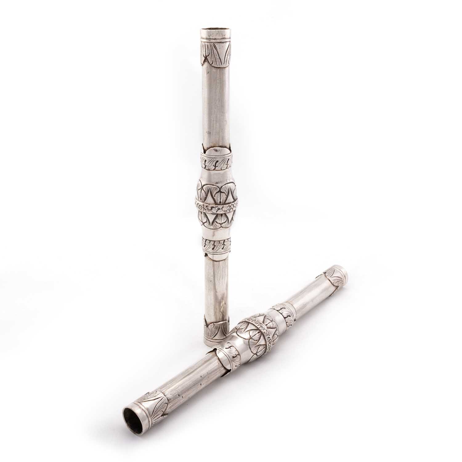 Lot 212 - A PAIR OF SPANISH COLONIAL SILVER SCROLL