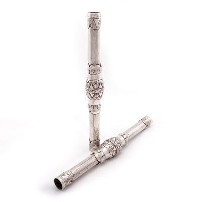 Lot 212 - A PAIR OF SPANISH COLONIAL SILVER SCROLL HOLDERS OR CEREMONIAL BATONS