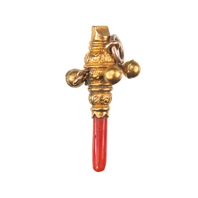 Lot 505 - A 19TH CENTURY MINIATURE CORAL AND GOLD RATTLE CHARM