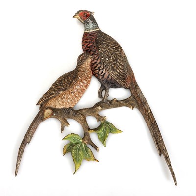 Lot 600 - AN AUSTRIAN COLD-PAINTED BRONZE WALL HANGING GROUP OF PHEASANTS, EARLY 20TH CENTURY