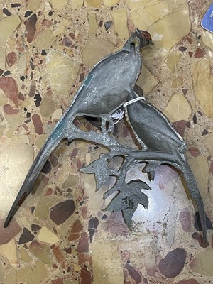 Lot 600 - AN AUSTRIAN COLD-PAINTED BRONZE WALL HANGING GROUP OF PHEASANTS, EARLY 20TH CENTURY