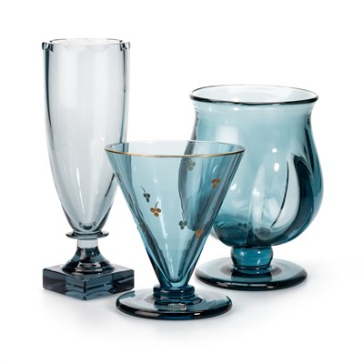 Lot 22 - ELIS BERGH FOR KOSTA, THREE BLUE GLASS VASES, CIRCA 1930S