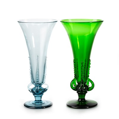 Lot 18 - EDVIN OLLERS FOR KOSTA, TWO COLOURED GLASS VASES WITH LUGS, EARLY 20TH CENTURY