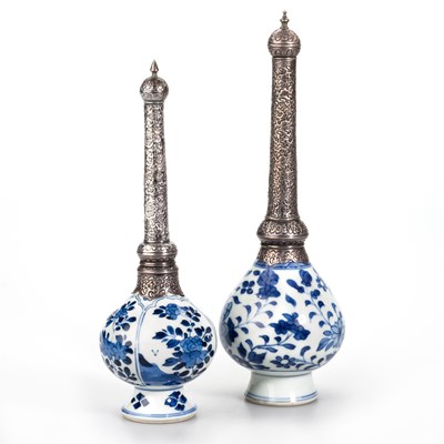 Lot 175 - TWO CHINESE SILVER-MOUNTED BLUE AND WHITE ROSE WATER SPRINKLERS, KANGXI