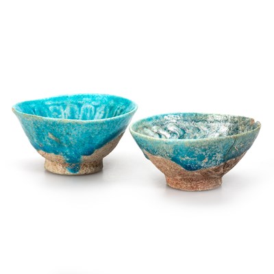 Lot 148 - TWO TURQUOISE BLUE GLAZED POTTERY CUPS, KASHAN, PERSIA, 12TH CENTURY