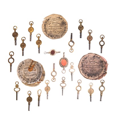 Lot 431 - AN ASSORTMENT OF POCKET WATCH KEYS AND PAPERS