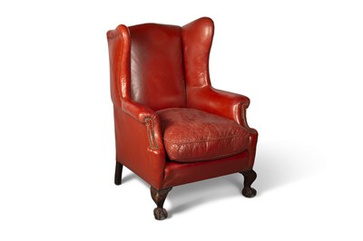 Lot 704 - A GEORGIAN STYLE LEATHER UPHOLSTERED AND MAHOGANY WING-BACK ARMCHAIR, LATE 19TH CENTURY