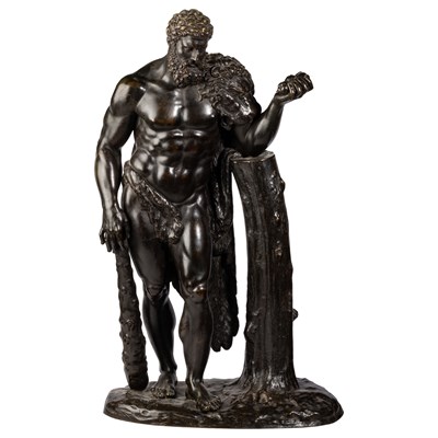 Lot 596 - A 19TH CENTURY BRONZE FIGURE OF HERCULES, FRENCH OR ITALIAN