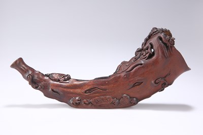 Lot 170 - A CHINESE CARVED WOOD HORN-SHAPED BOAT