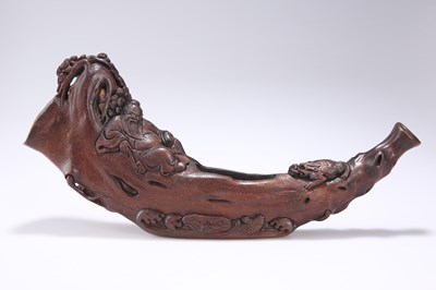 Lot 170 - A CHINESE CARVED WOOD HORN-SHAPED BOAT
