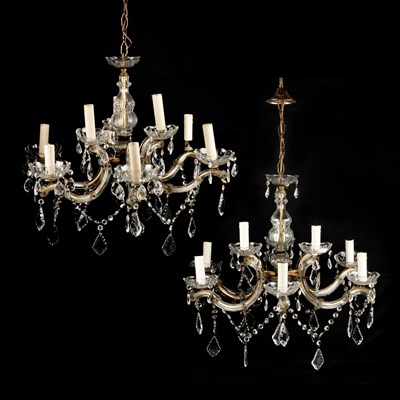 Lot 673 - A PAIR OF LUSTRE-DROP CHANDELIERS, EARLY 20TH CENTURY