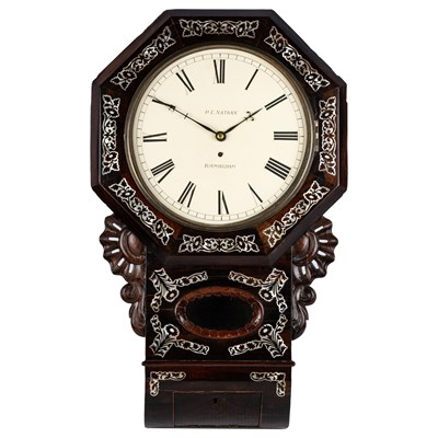 Lot 732 - A MOTHER-OF-PEARL AND ROSEWOOD SINGLE-FUSEE WALL CLOCK, SIGNED P. E. NATHAN, BIRMINGHAM, CIRCA 1800