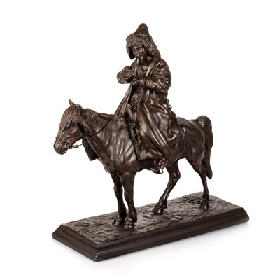 Lot 660 - ARTEMI OBER (RUSSIAN, 1843-1917), A CAST IRON FIGURE OF A KYRGYZ ON HORSEBACK SMOKING A PIPE