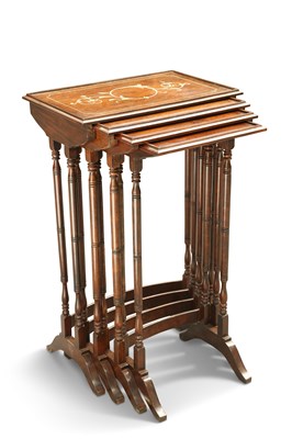 Lot 388 - A QUARTETTO OF MOTHER-OF-PEARL INLAID ROSEWOOD NESTING TABLES, CIRCA 1900