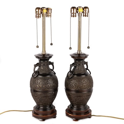 Lot 247 - A PAIR OF JAPANESE ARCHAISTIC BRONZE VASES, MOUNTED AS TABLE LAMPS