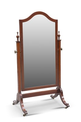 Lot 533 - AN EDWARDIAN STRING-INLAID MAHOGANY CHEVAL MIRROR