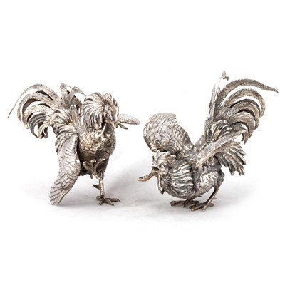 Lot 285 - A PAIR OF GERMAN SILVER TABLE ORNAMENTS MODELLED AS A PAIR OF FIGHTING COCKERELS