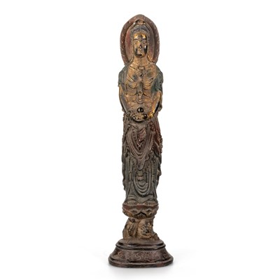 Lot 253 - A TIBETAN GILT AND PAINTED BRONZE FIGURE OF A BUDDHIST DEITY