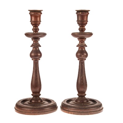 Lot 436 - A PAIR OF OAK CANDLESTICKS