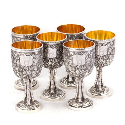 Lot 241 - A FINE SET OF SIX CHINESE SILVER GOBLETS, 19TH CENTURY