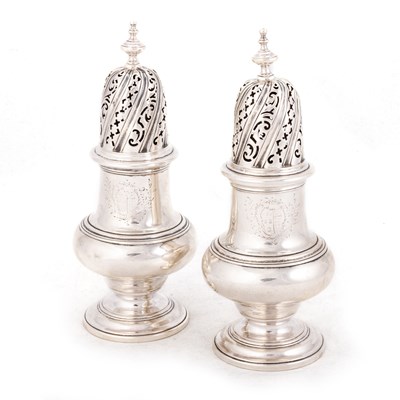 Lot 510 - A PAIR OF GEORGE II SILVER CASTERS