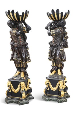 Lot 780 - A LARGE PAIR OF VENETIAN PARCEL-GILT AND EBONISED BLACKAMOORS, CIRCA 1880