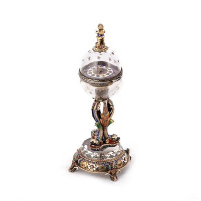 Lot 546 - AN AUSTRIAN SILVER-GILT, ENAMEL AND ROCK CRYSTAL GLOBE CLOCK