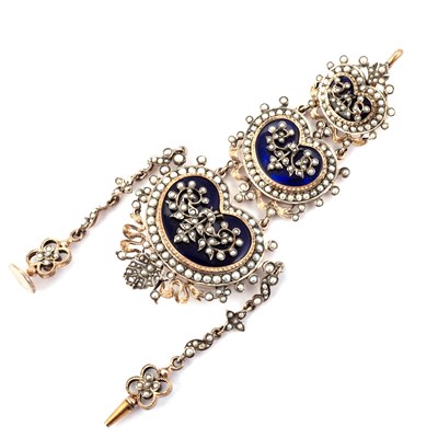 Lot 565 - A 19TH CENTURY GOLD, PEARL AND ENAMEL CHATELAINE