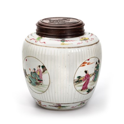 Lot 115 - A CHINESE FAMILLE ROSE FLUTED GINGER JAR AND COVER