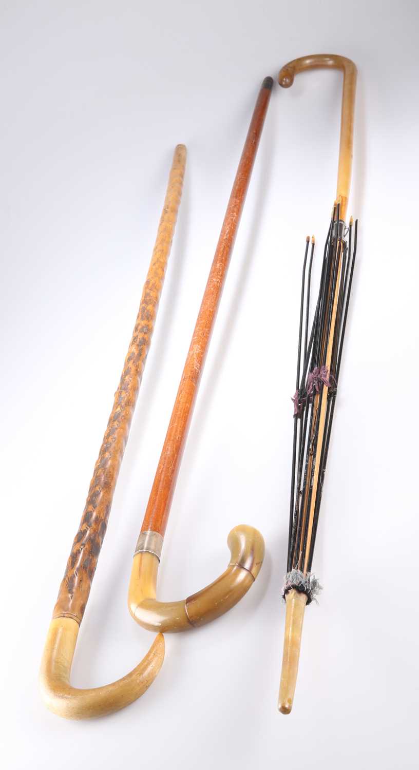 Lot 676 - TWO HORN HANDLED WALKING STICKS AND A PARASOL