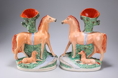 Lot 64 - A PAIR OF VICTORIAN STAFFORDSHIRE POTTERY SPILL VASES, CIRCA 1860