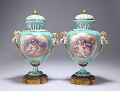 Lot 56 - A PAIR OF SÈVRES STYLE BLEU CELESTE VASES AND COVERS, 19TH CENTURY