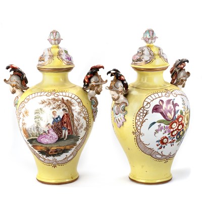 Lot 69 - A LARGE PAIR OF DRESDEN VASES AND COVERS
